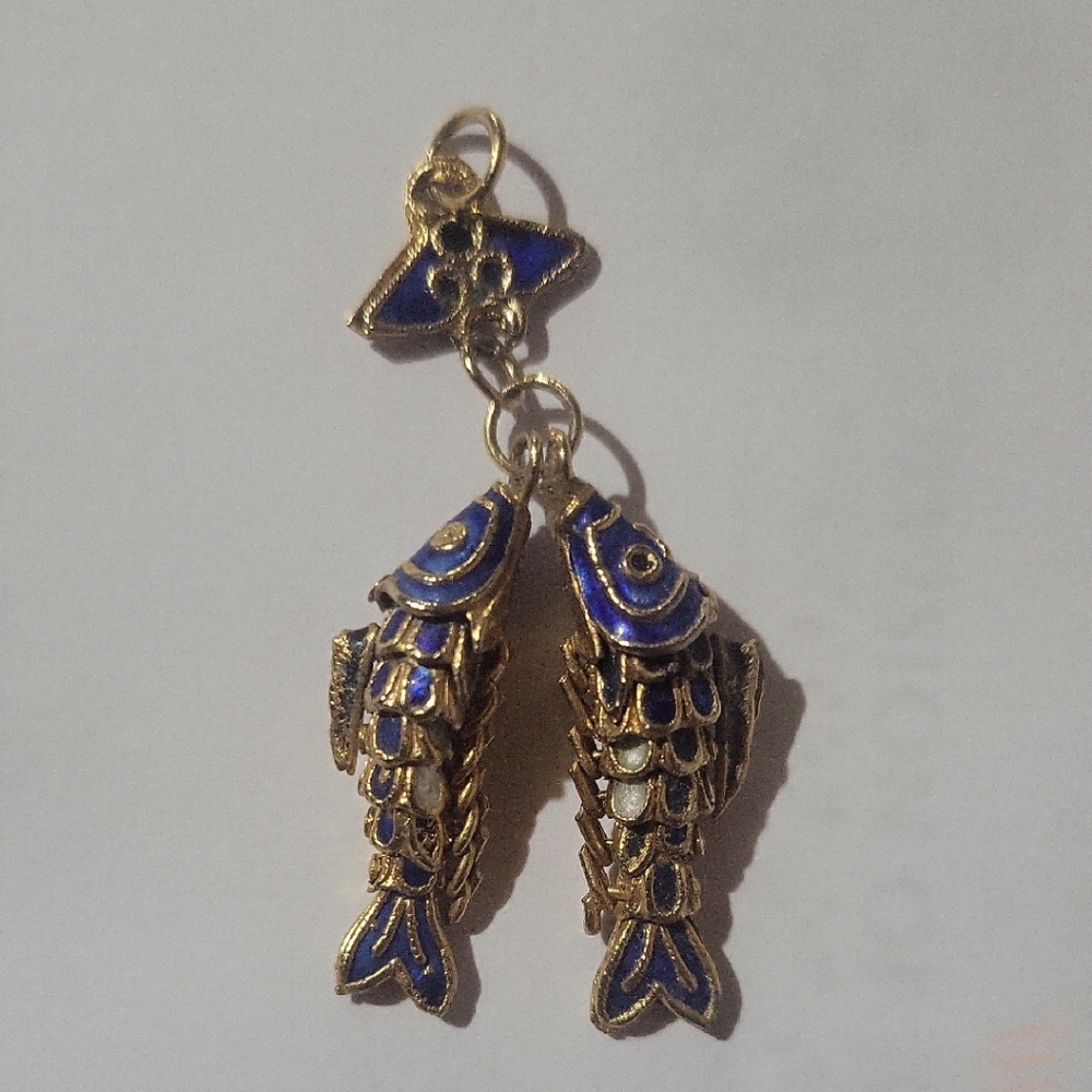 Blue and Gold Fish Pendant Earrings